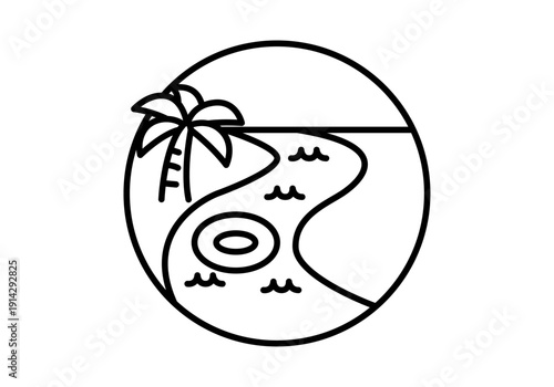 Icono de río lento en parque acuático con palmera y flotador