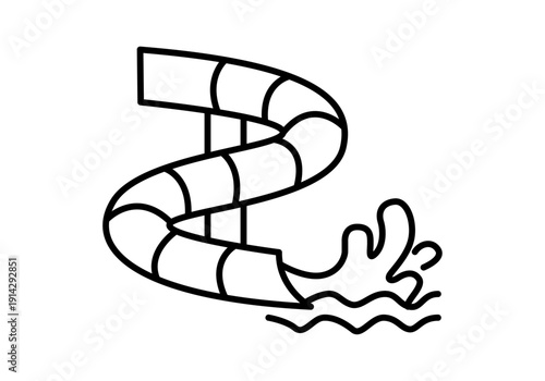 Icono lineal de un tobogán acuático de tubo con curvas y salpicadura de agua