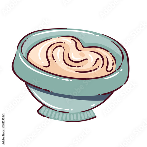Mixing bowl with batter for baking and pastry preparation. Kitchen mixing bowl filled with creamy batter dough for cake, cupcake, dessert. Doodle outline baking icon, cartoon vector illustration.