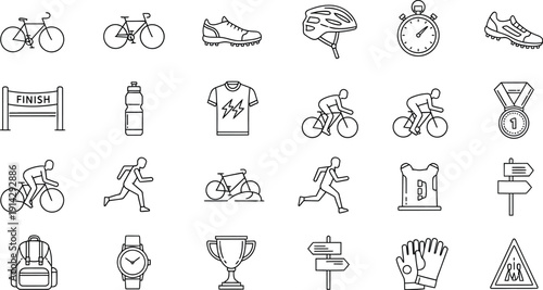 Collection of black outline icons representing essential triathlon sports equipment including bicycles running shoes helmets hydration and achievement symbols for athletic design