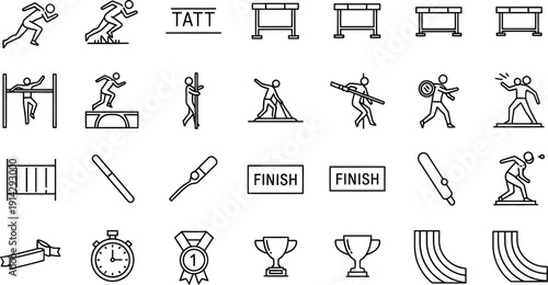 Collection of black outline icons representing various track and field athletics sports events equipment awards and athlete actions for design use