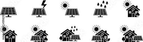 Solar energy showing panels sun lightning rain house and tree clean energy electricity power generation