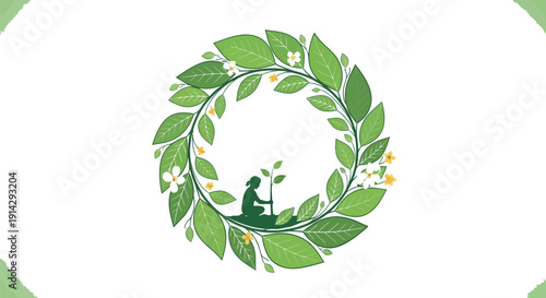 Silhouette of a young person carefully planting a sapling surrounded by a lush green wreath of leaves and delicate white and yellow blossoms symbolizing ecological care and growth