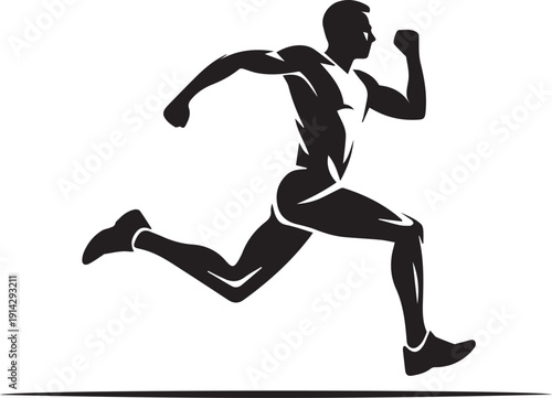 Black and white silhouette of a runner in motion with clenched fists running de
