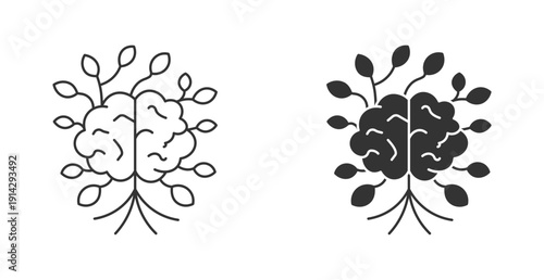 Green Brain icon set Made of Leaves Concept. Nature and Mind Connection, Eco-Friendly Thinking, Mental Health, Growth, and Environmental Awareness. vector illustration .