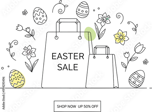 Minimalist line art illustration featuring two shopping bags advertising a festive easter sale surrounded by delicate hand drawn flowers and decorated eggs for spring promotion.