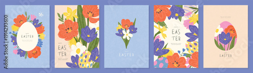 Set of Easter greeting card designs with spring flower arrangements and decorated eggs. Modern style with a grainy texture. Vector illustration