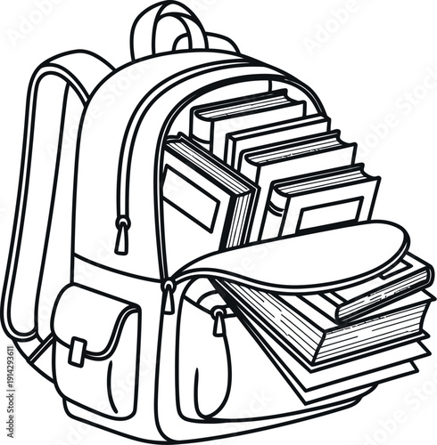 Simple black and white outline drawing of a backpack overflowing with numerous textbooks and learning materials ready for a busy academic school year ahead