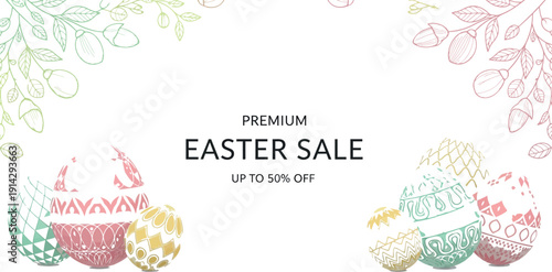 Beautifully decorated premium easter eggs featuring intricate patterns advertise a special holiday sale promotion offering discounts up to fifty percent off for shoppers.