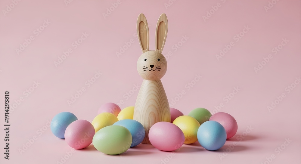 Obraz premium Wooden bunny figurine with pastel Easter eggs