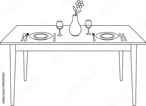 Elegant black and white line art drawing depicting a perfectly set dining table prepared for two people enjoying a romantic meal or fine dining experience together