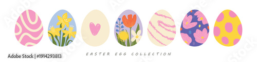 A collection of decorative painted Easter eggs in a trendy flat style featuring hearts, spring flowers, and geometric patterns. Vector elements for holiday design.