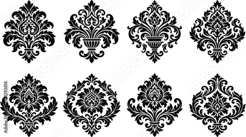 Vintage black damask floral ornament set, baroque decorative pattern collection, elegant victorian luxury design elements isolated on white background