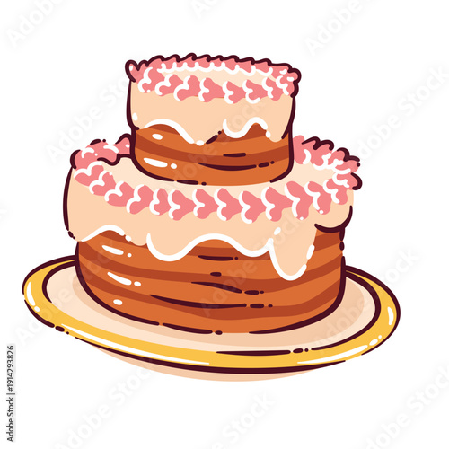 Layered cake dessert for bakery and celebration theme. Two tier cake with cream frosting, dripping glaze and decorative topping on plate. Doodle outline pastry icon, cartoon vector illustration.