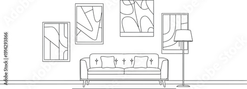 Minimalist line art interior design featuring a modern sofa, four abstract framed artworks, and a stylish standing floor lamp illustrating simple home decor.