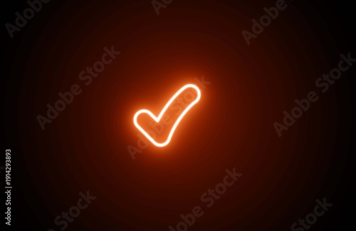 Tableau sur toile Neon glowing orange fire color check mark icon on black background
