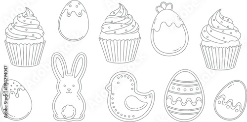 Outline collection of delightful easter baked goods featuring decorative eggs frosted cupcakes a charming bunny shape and a sweet chick cookie ready for coloring activities