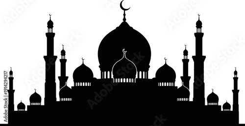 Grand Islamic Mosque Silhouette with Domes and Minarets Isolated on White Background for Ramadan Eid Religious Design