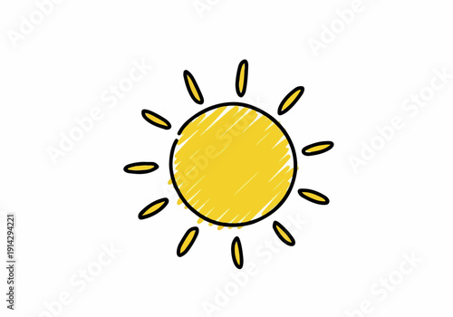 A hand-drawn illustration of a bright yellow sun with radiating rays, symbolizing warmth, energy, and a sunny day