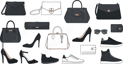Collection of stylish essential accessories featuring various handbags, pumps, casual footwear, sunglasses, and wallets in black and beige tones for fashion design.
