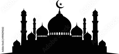 Islamic Mosque Silhouette with Crescent and Star Domes and Minarets Isolated on White Background for Ramadan Eid Design