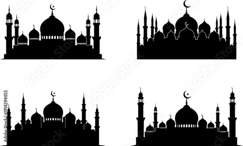 Set of Islamic Mosque Silhouettes with Domes Minarets Crescent and Star Isolated on White Background for Ramadan Eid Design