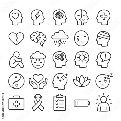 Mental health icons set: emotions, therapy, wellness concepts.