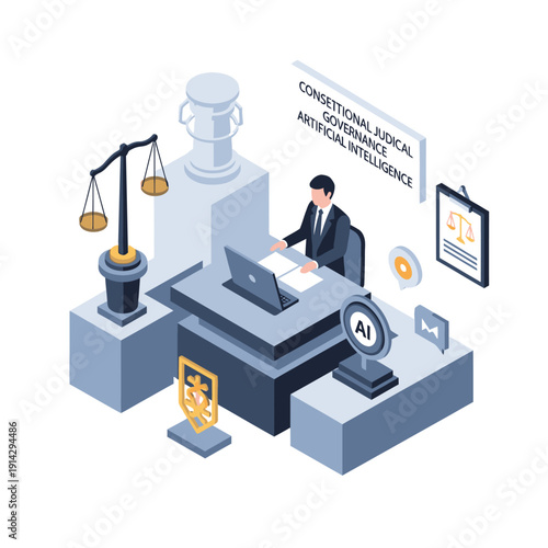 Man working on laptop with AI and justice scales nearby.