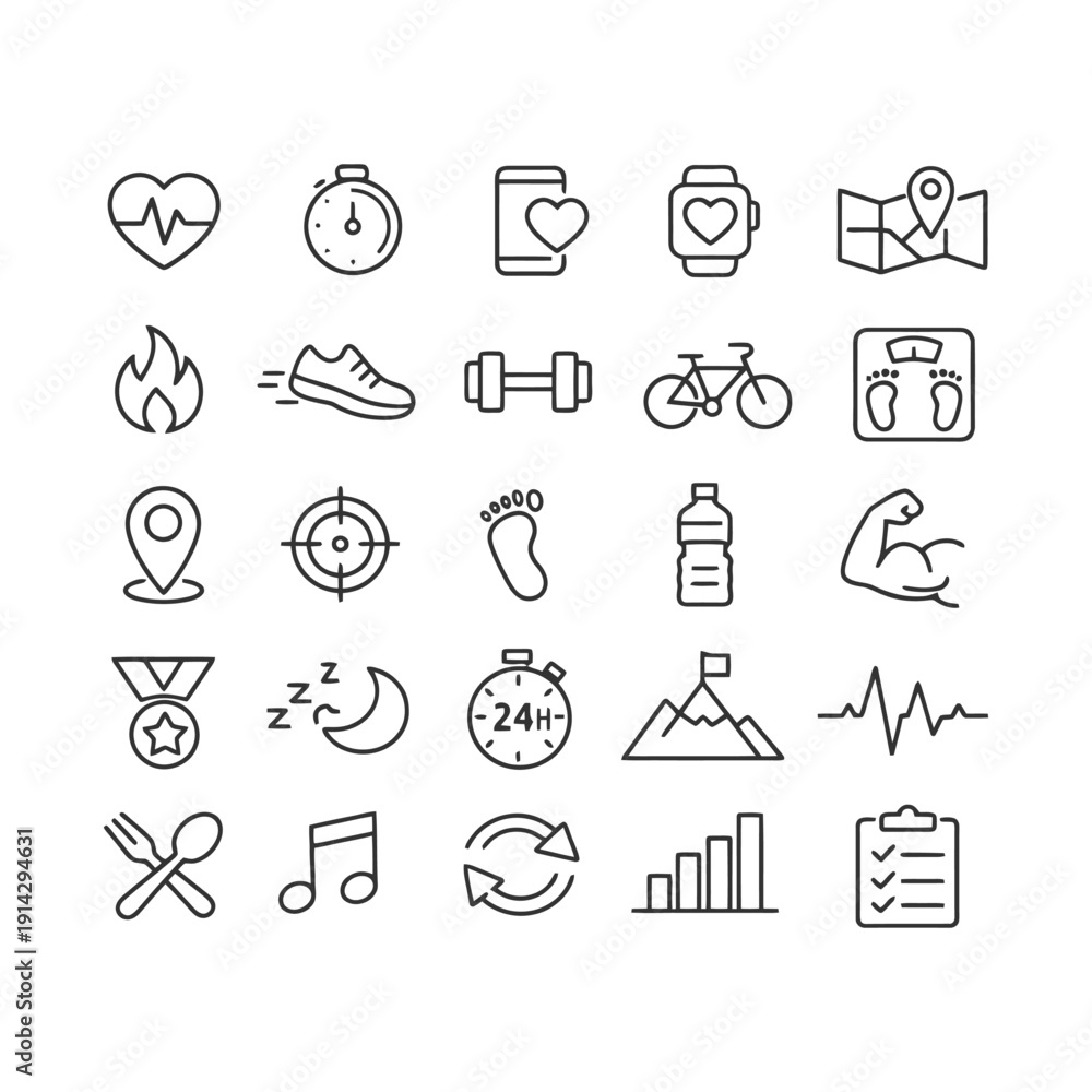 Fototapeta premium Fitness and health icons: exercise, nutrition, sleep, heart rate, tracking.