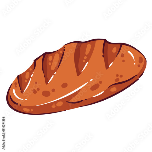 Bread loaf bakery product for baking and food theme. Fresh baked artisan bread with golden crust and scoring cuts on top. Hand drawn bakery icon, cartoon vector illustration.