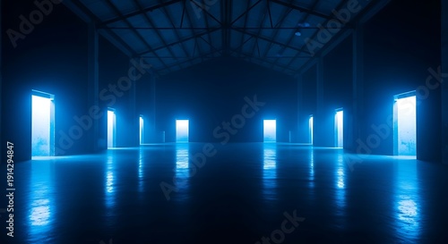 A dark warehouse interior with multiple glowing blue doors in a row