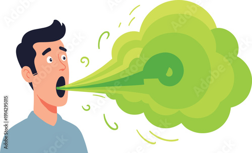 Man with Bad Breath Vector Illustration Featuring Green Smoke Cloud for Oral Hygiene, Dental Health Blogs, Halitosis Awareness, and Medical Infographics