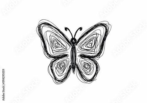 A whimsical, hand-drawn sketch of a butterfly, rendered in a distinctive scribbled style, evoking a sense of organic beauty and artistic expression