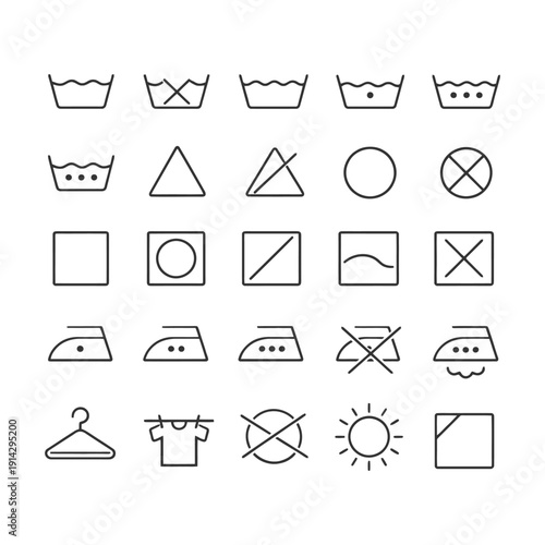 Laundry symbols collection for washing, drying, and ironing guide.