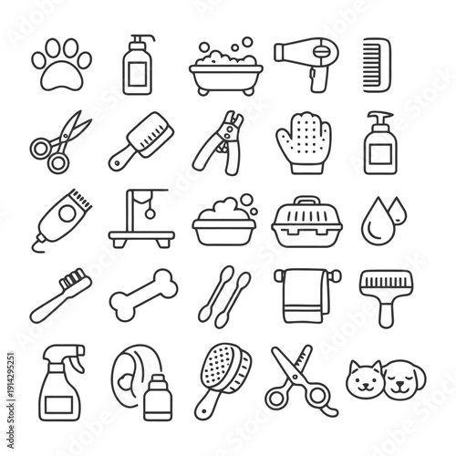 Pet grooming essentials: tools, accessories, and hygiene symbols.