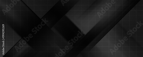 Modern black white abstract background. Minimal. Gradient. Dark grey banner with geometric shapes, lines, stripes, triangles. Design. Futuristic.