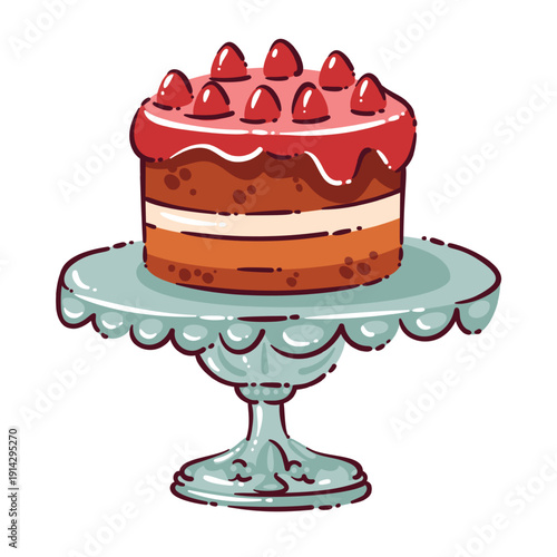 Cake on decorative stand for bakery and celebration theme. Layered cake with strawberry topping and glaze served on vintage cake stand. Doodle outline pastry icon, cartoon vector illustration.