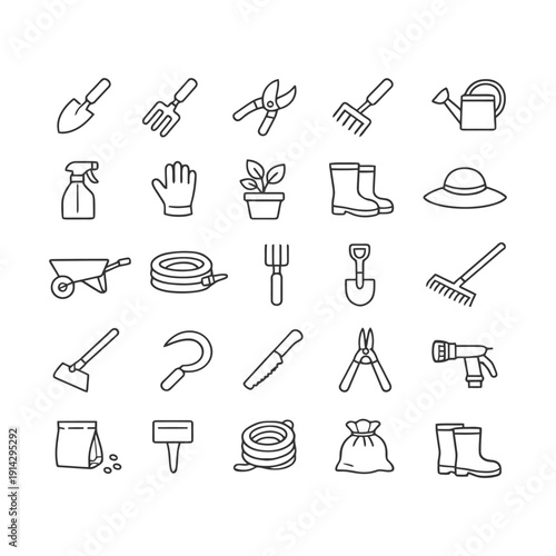 Garden tools set: shovel, rake, pruner, watering can, boots, hat, hose, spray bottle, axe.