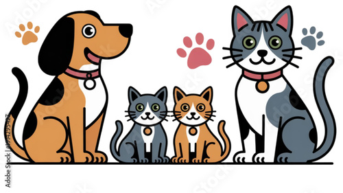 Cartoon animals dog and cats together isolated on transparent background.