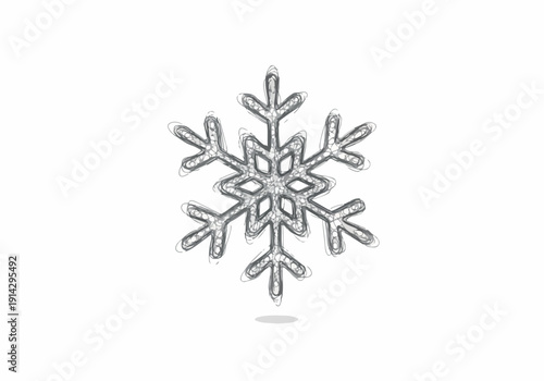 A detailed, monochromatic illustration of a single, intricate snowflake with six delicate points, rendered in a sketchy, artistic style against a plain white background