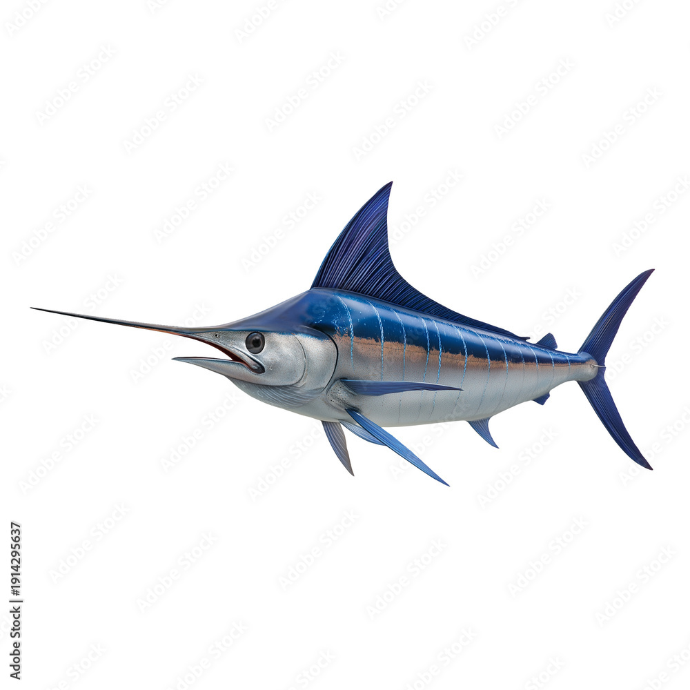 Fototapeta premium Blue Marlin Fish Isolated on Transparent Background – Realistic Sailfish Marine Predator, Ocean Wildlife Design Element