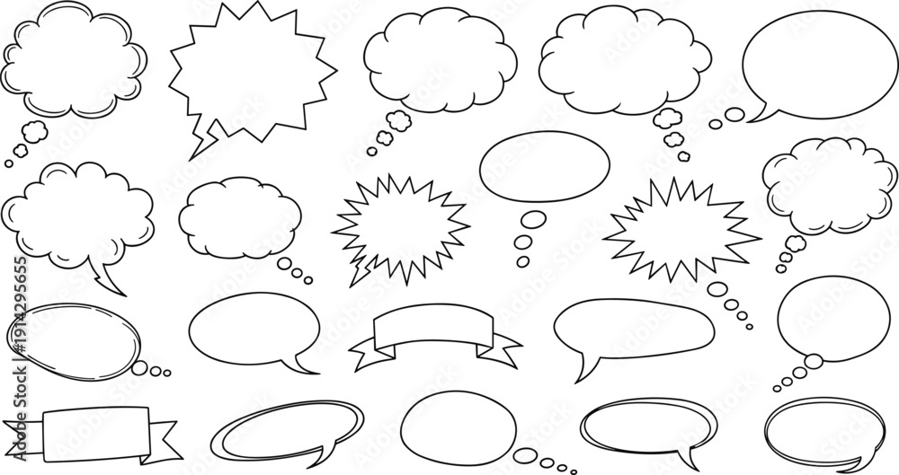 Fototapeta premium Blank speech bubble set, comic thought cloud illustration, graphic design template, dialogue vector artwork, cartoon communication element, creative design resource