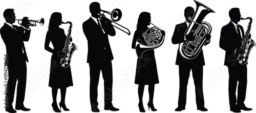 Brass ensemble silhouette illustration, jazz band artwork, musical performance vector, trumpet saxophone trombone design, French horn tuba graphic, concert music scene