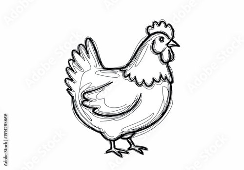 Simple line drawing of a chicken, showcasing its distinct features with a clean and minimalist artistic style
