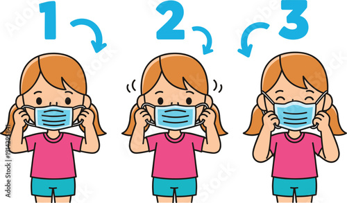Step by Step Instructional Guide for Children Showing How to Wear a Face Mask Properly for School Health Safety and Virus Prevention