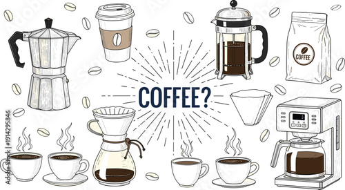 Coffee brewing illustration set, moka pot artwork, French press vector, drip coffee maker design, pour over Chemex, disposable cup graphic