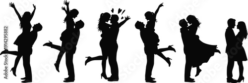 Couple silhouette illustration set, romantic embrace artwork, love relationship vector, affectionate pose design, kissing silhouette graphic, emotional connection symbol