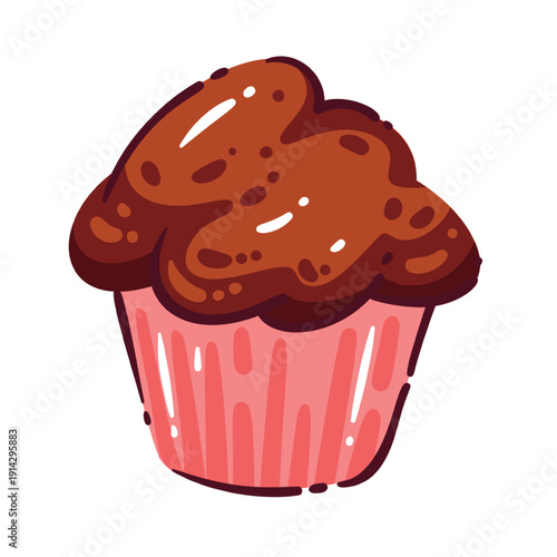 Chocolate chip muffin dessert for bakery and sweet snack theme. Fresh baked muffin with chocolate chunks in paper cup liner. Doodle outline pastry icon, cartoon vector illustration.