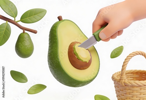 Evaluating the process of slicing an avocado with a sharp knife surrounded by fresh green leaves and the aesthetic presence of a straw basket