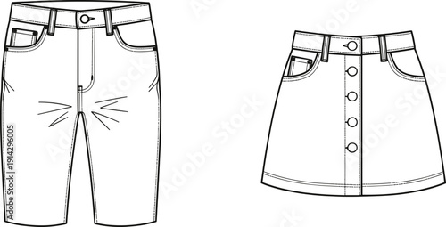 "Denim shorts and button front skirt fashion illustration, technical garment sketch, clothing design drawing, apparel template, vector outline, sewing pattern"